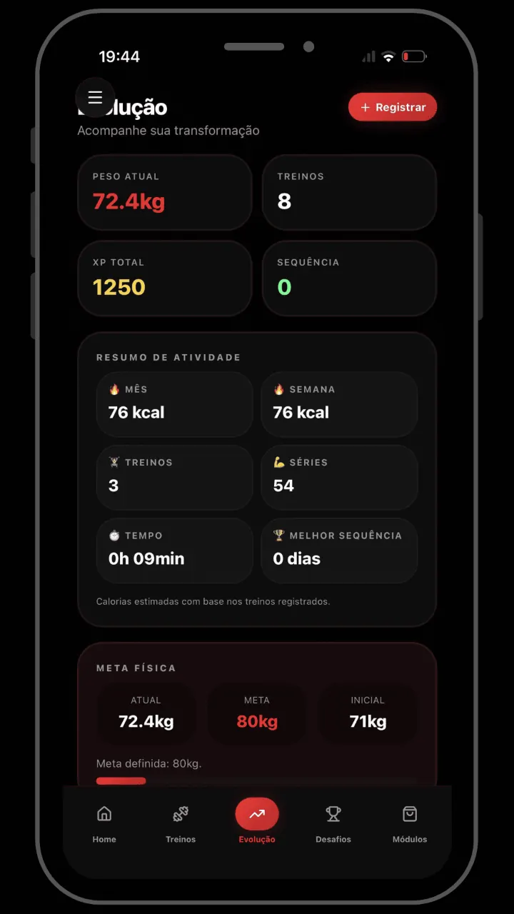 Tela Evolução do app ShapeON!