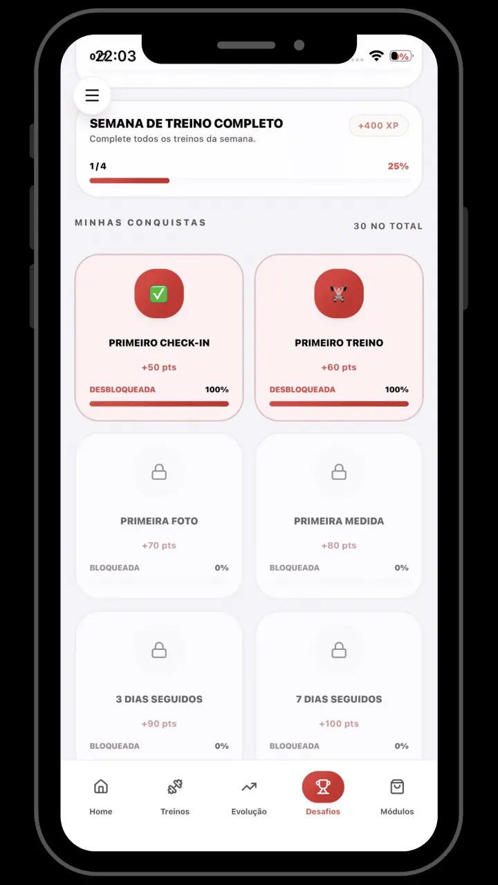 Tela Conquistas do app ShapeON!