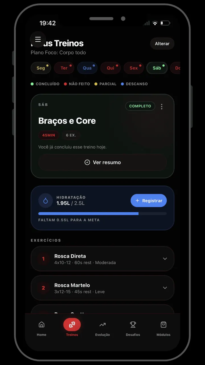 Tela Treinos da semana do app ShapeON!